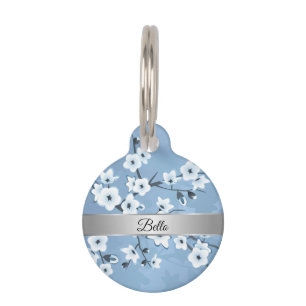 Blue White Cherry Blossom Silver Pet ID Tag
