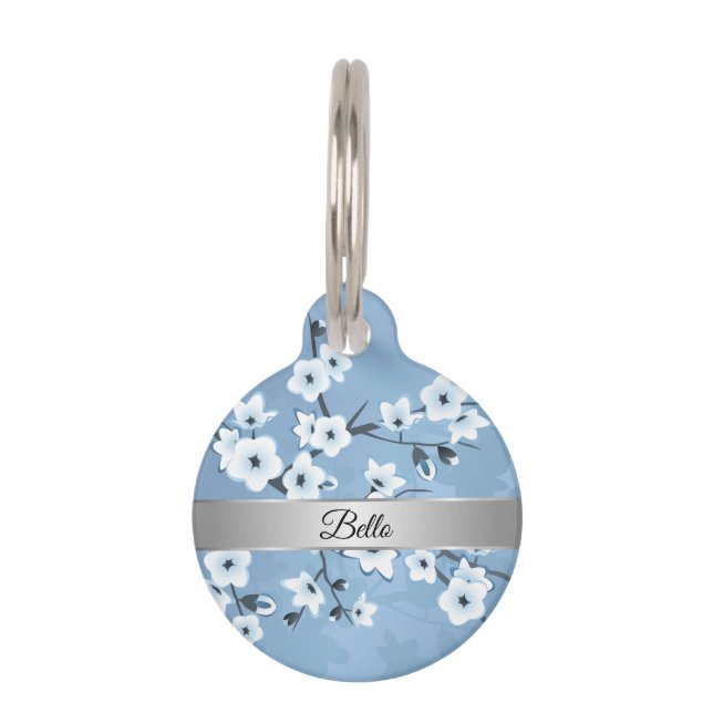 Blue White Cherry Blossom Silver Pet ID Tag (Front)