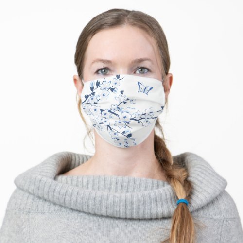 Blue White Cherry Blossoms Butterfly Adult Cloth Face Mask