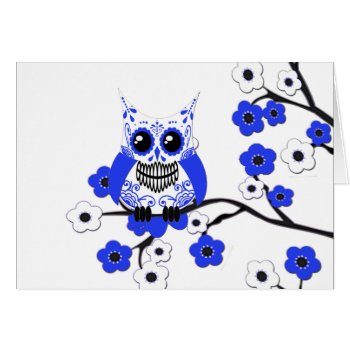 Blue White Cherry Blossoms Owl Card by CuteLittleTreasures at Zazzle