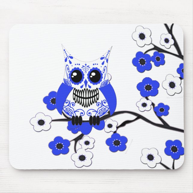 Blue White Cherry Blossoms Owl Mousepad (Front)