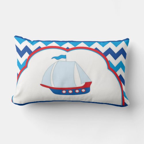 Blue White Chevron Background Blue Red Sail Ship Lumbar Pillow