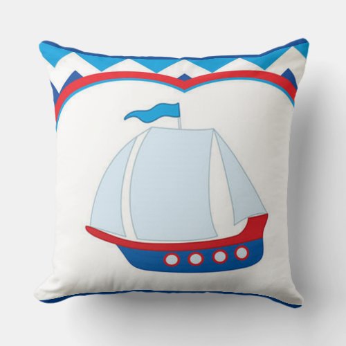 Blue White Chevron Background Blue Red Sail Ship   Throw Pillow