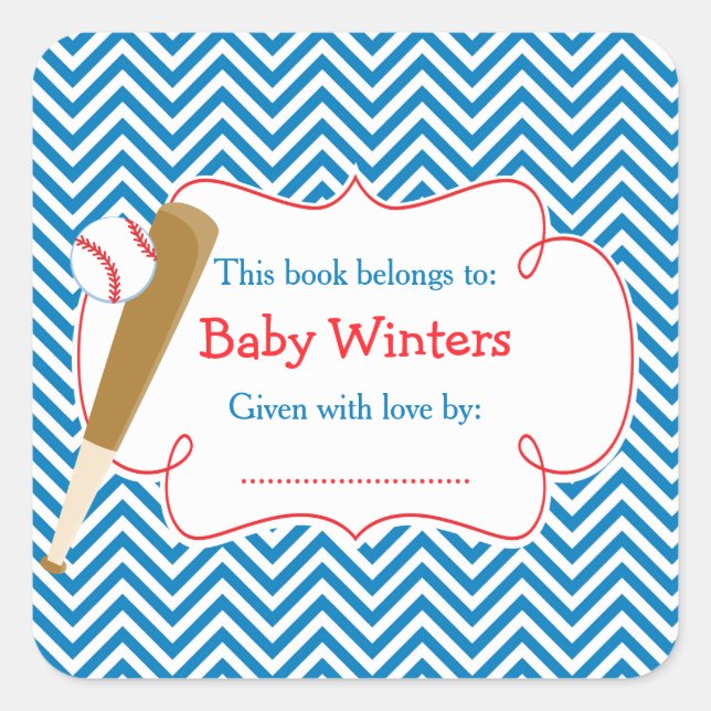 Blue/White Chevron Baseball Baby Shower Bookplate (Front)