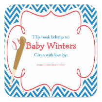 Blue/White Chevron Baseball Baby Shower Bookplate