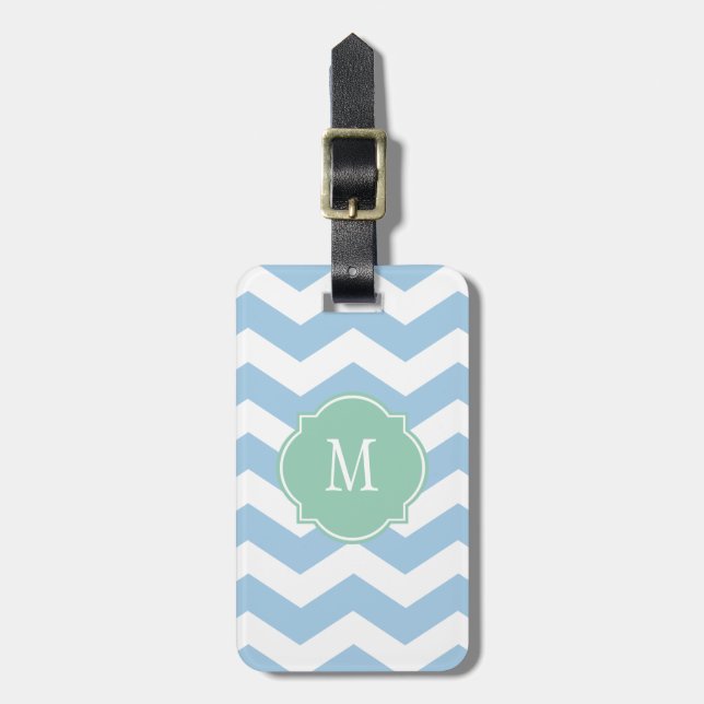 Blue & White Chevron Monogram Luggage Tag (Front Vertical)