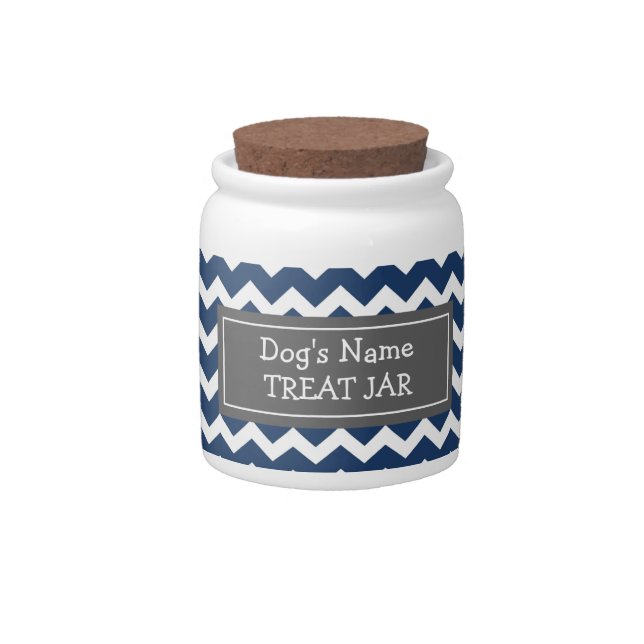 Blue White Chevron Pattern Dog Treat Jar (Front)