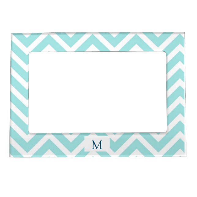Blue white chevron pattern monogram Magnetic Frame (Front)