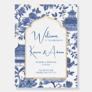Blue & White Chic Chinoiserie Pagoda Welcome Sign