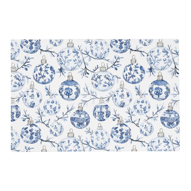 Blue White Chic Floral Christmas Ornaments Bows Placemat (Front)