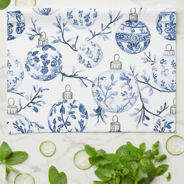 Blue White Chic Floral Christmas Ornaments   Kitchen Towel (Folded)