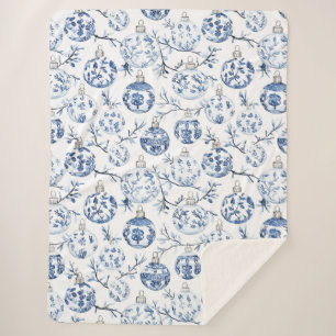 Blue White Chic Floral Christmas Ornaments Sherpa Blanket