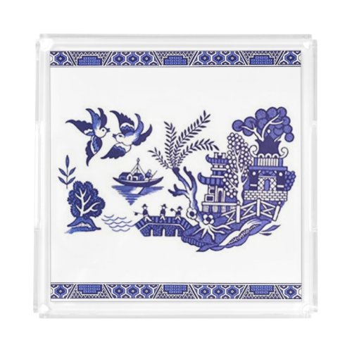 Blue  White China Blue Willow Design Acrylic Tray