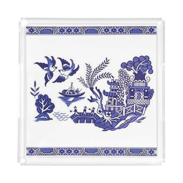 Blue & White China Blue Willow Design Acrylic Tray (Front)