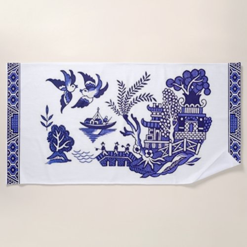 Blue  White China Blue Willow Design Beach Towel