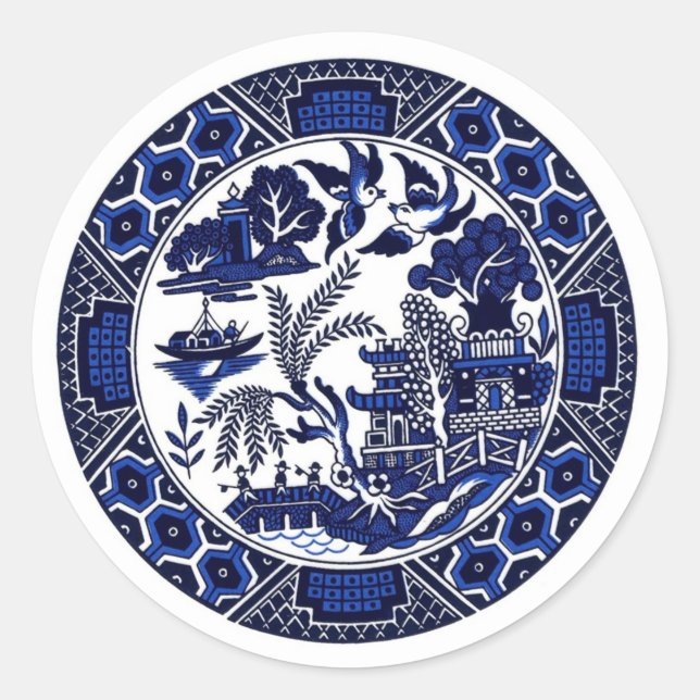 Blue & White China Blue Willow Design Classic Round Sticker (Front)