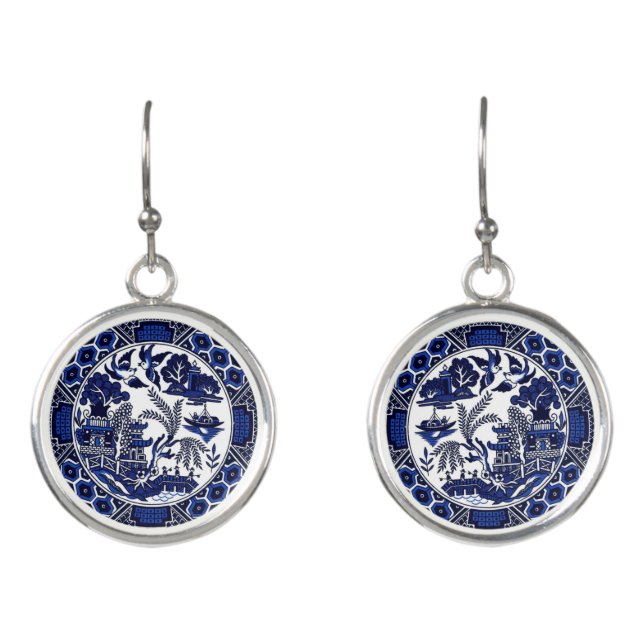Blue & White China Blue Willow Design Earrings (Front)