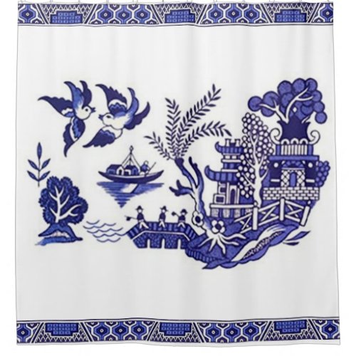 Blue  White China Blue Willow Design Shower Curtain