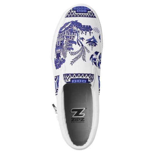 Blue & White China Blue Willow Design Slip-On Sneakers (Left Shoe Top)