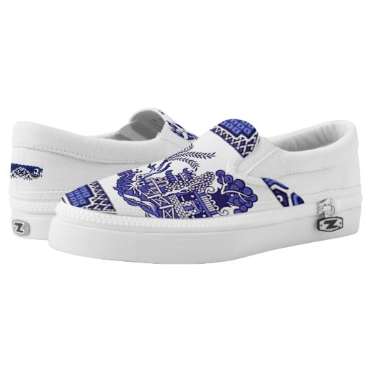 Blue & White China Blue Willow Design Slip-On Sneakers (Pair)