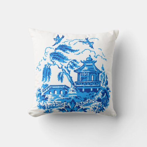 Blue  White China Blue Willow Design Throw Pillow