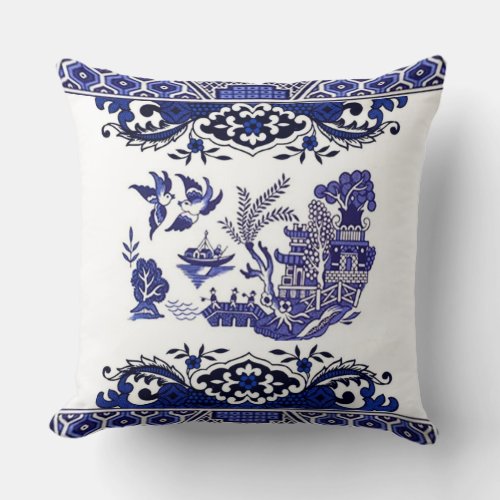 Blue  White China Blue Willow Design Throw Pillow