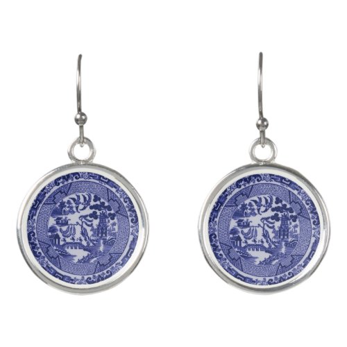 Blue  White China Blue Willow Plate Earrings