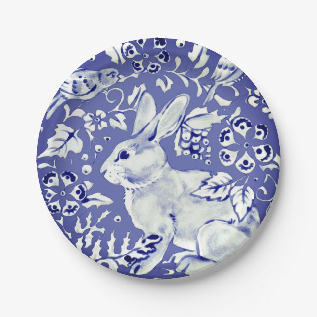 Blue White China Look Rabbit Bird Floral & Foliage Paper Plates (Front)