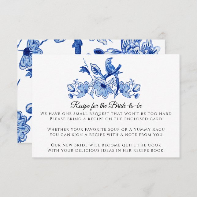 Blue White Chinese Bird Floral Recipe Enclosure Invitation (Front/Back)