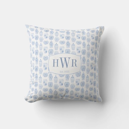 Blue White Chinese Ginger Jar With Family Initials Outdoor Pillow - Blue And White Ginger Jar pattern made digitally from my original ginger jar illustrations (painted in watercolors onto 100% cotton paper before being scanned into digital form). The design allows the purchaser to customize with the initials of the couple, so would make a great wedding or anniversary gift.