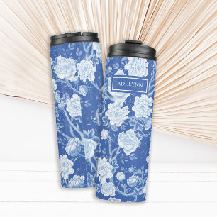 Blue White Chinoiserie Bird Floral Garden Monogram Thermal Tumbler
