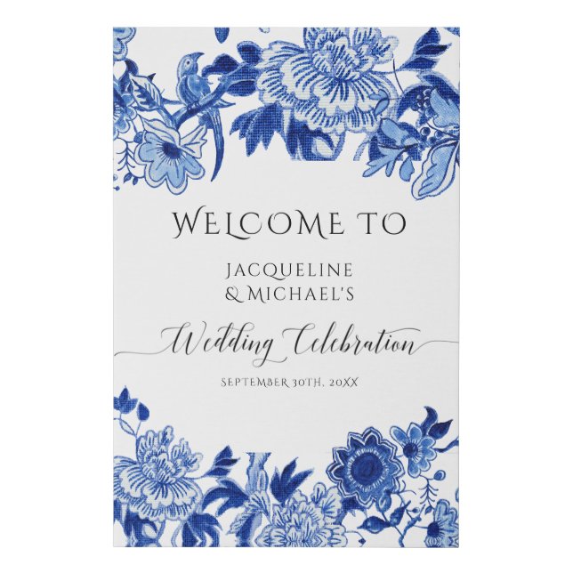 Blue White Chinoiserie Bird Leaves Welcome Wedding Faux Canvas Print (Front)