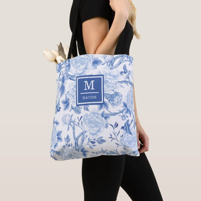 Blue White Chinoiserie Bird Peony Garden Monogram Tote Bag (Close Up)