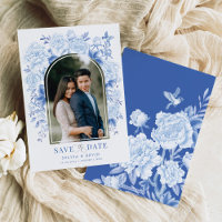 Blue White Chinoiserie Bird Peony Save the Date