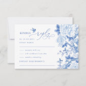 Blue White Chinoiserie Bird Peony Wedding RSVP Card (Front)