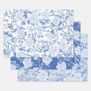 Blue White Chinoiserie Birds & Floral Porcelain Wrapping Paper Sheets