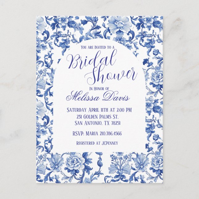 Blue & White Chinoiserie Bridal Shower Invitation Postcard (Front)