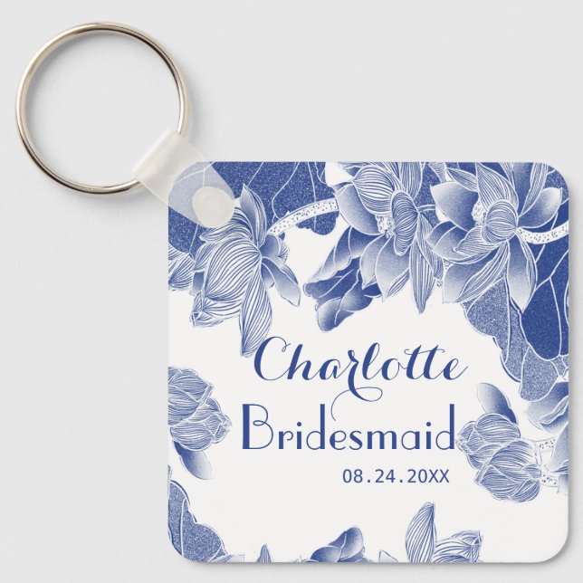 Blue White Chinoiserie Bridesmaid Wedding Favor Keychain (Front)