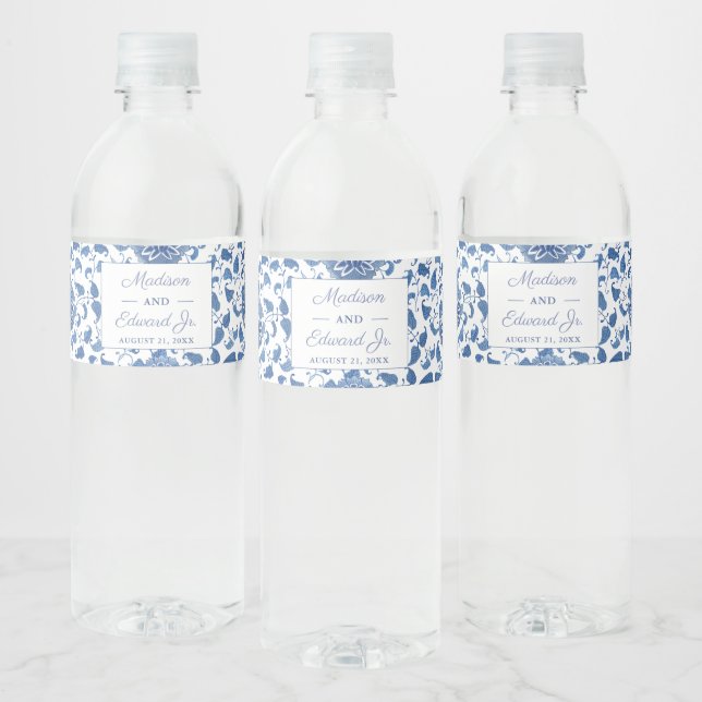 Blue & White Chinoiserie Chic Bridal Shower Party Water Bottle Label (Bottles)