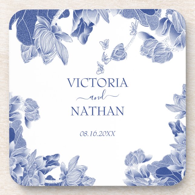Blue White Chinoiserie Chic Floral Wedding  Beverage Coaster (Front)