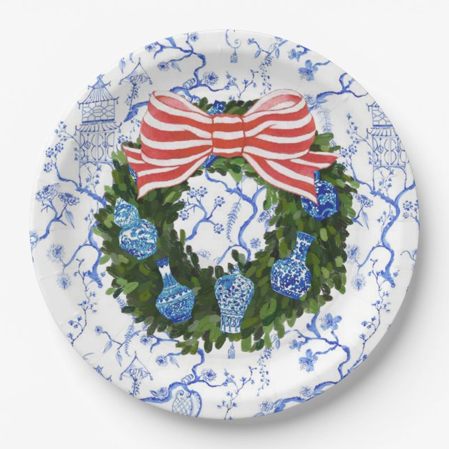 Blue & White Chinoiserie Christmas Wreath  Paper Plates (Front)