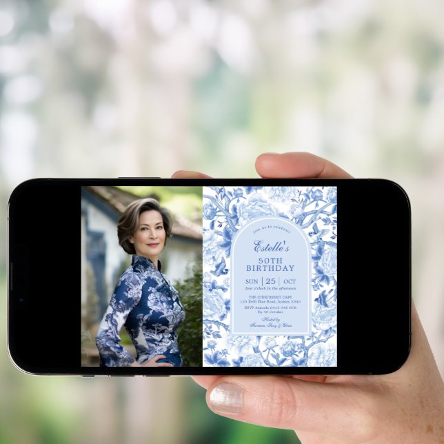 Blue White Chinoiserie Floral 50th Birthday Photo Invitation (Front Digital)