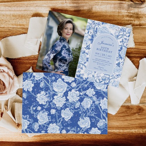 Blue White Chinoiserie Floral 50th Birthday Photo Invitation