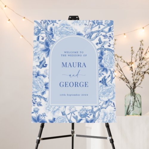 Blue White Chinoiserie Floral Bird Wedding Welcome Foam Board