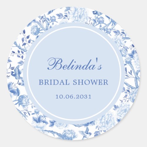 Blue White Chinoiserie Floral Bridal Shower Classic Round Sticker