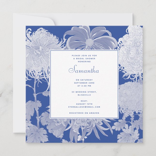 Blue White Chinoiserie Floral Bridal Shower Invitation (Front)