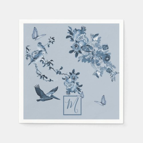 Blue White Chinoiserie Floral Chic Monogram Napkins