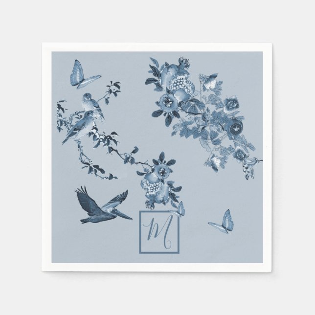 Blue White Chinoiserie Floral Chic Monogram Napkins (Front)