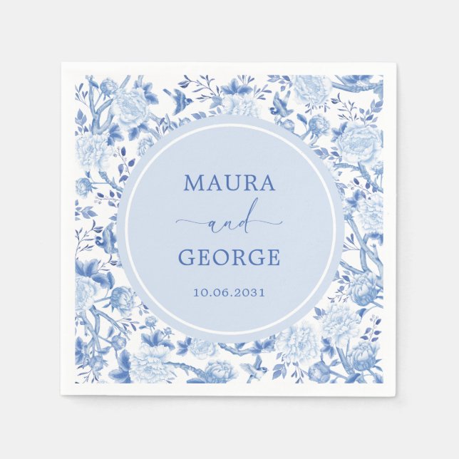 Blue White Chinoiserie Floral Coastal Wedding Napkins (Front)