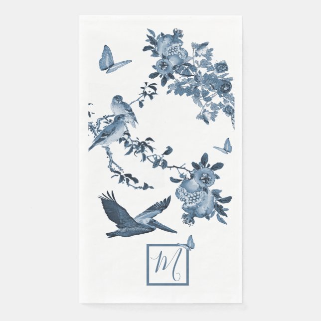 Blue White Chinoiserie Floral Elegant Monogram Paper Guest Towels (Front)